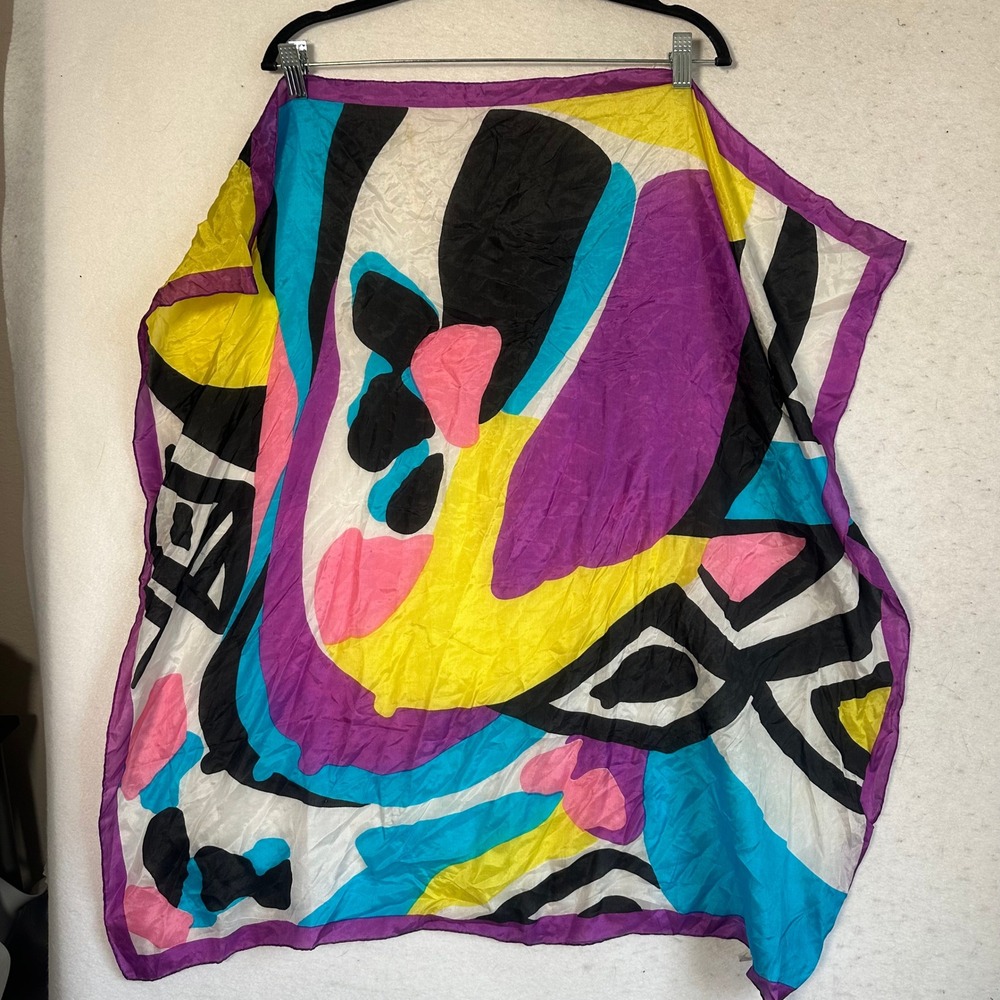 Golden Camel 100% Silk Scarf Hand Rolled Printed Abstract Multi Color Square